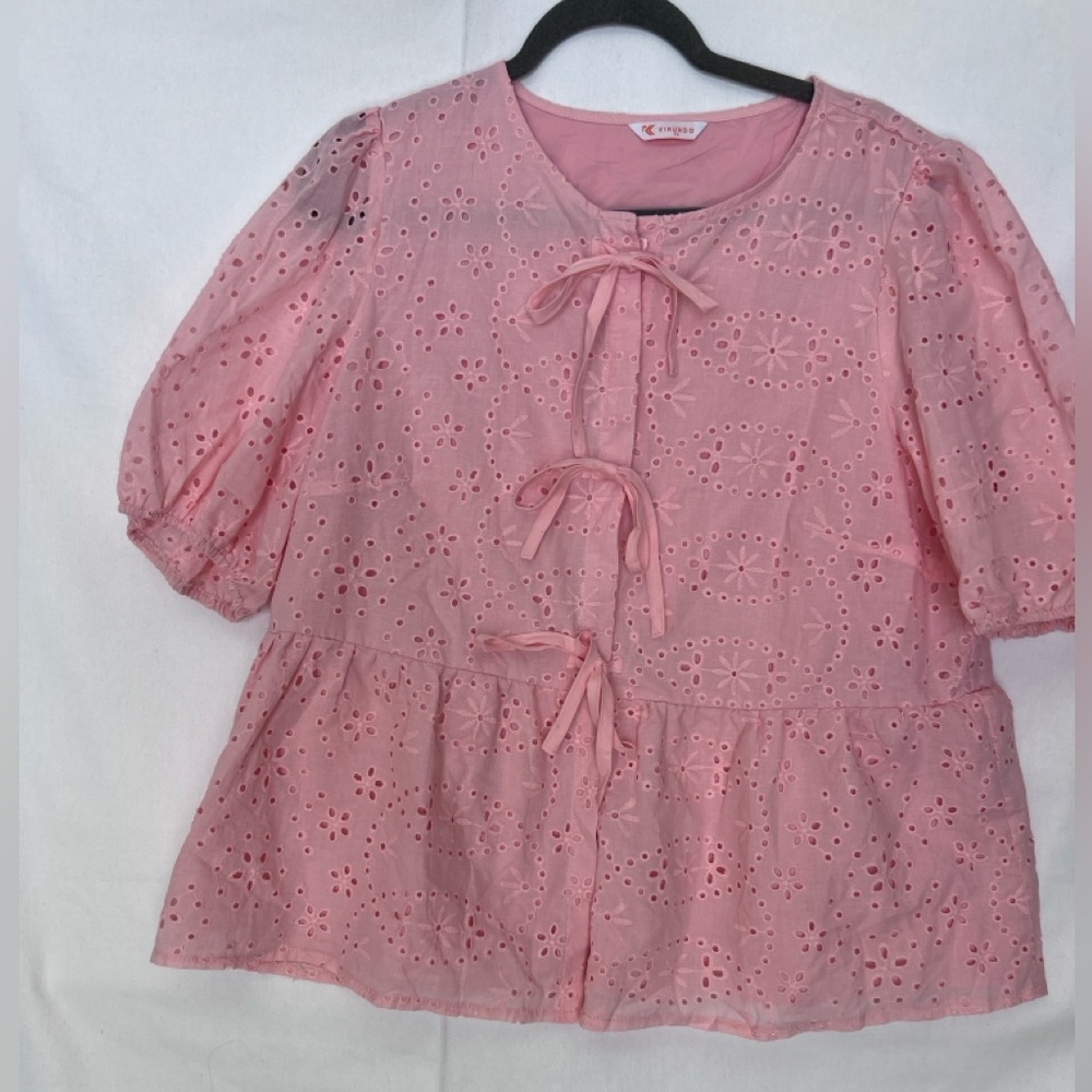 Pink Eyelet Blouse with Bow Details XL